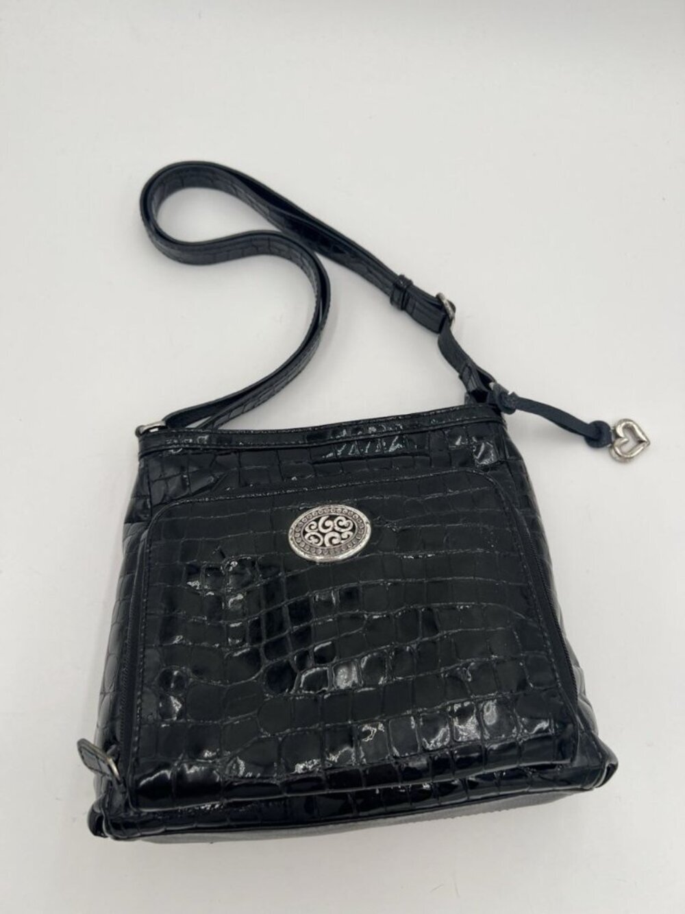 Brighton Cher Organizer Crossbody Bag Black Patent Croc Leather Purse EUC